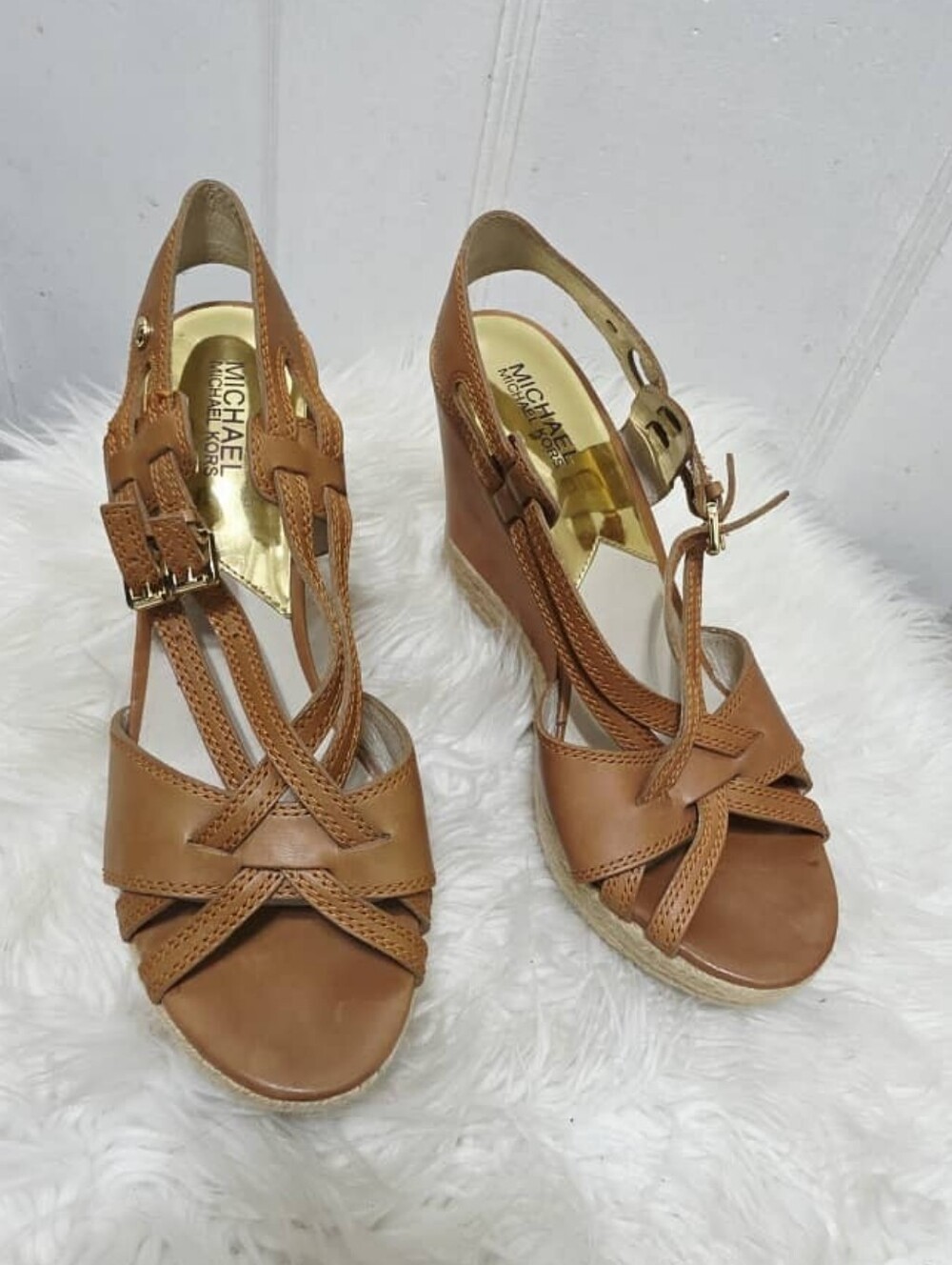 Michael Kors Keli Wedge Leather Espadrille Crossover Heel Sandal Brown Tan 10M